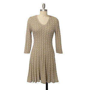 Vintage Y2K Sweater Dress Size S V Neck Tan Cable Knit Neutral Classy Old Money